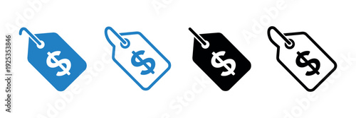Price Tag Icon Set with Dollar Symbol, Blue and Black Vector Illustration