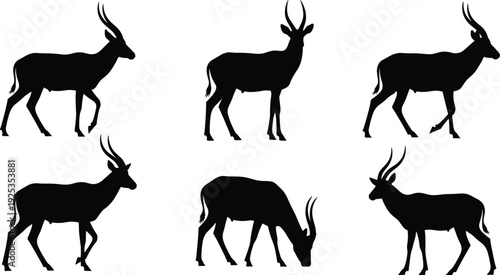 Antelope silhouette collection wild African animal standing and grazing isolated on white background vector illustration set