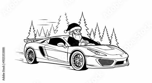 Stylized black and white illustration of Santa Claus driving a sports car