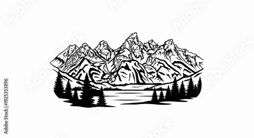 Stylized black and white drawing of rugged mountains reflected in a calm lake