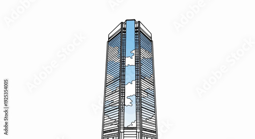 Stylized skyscraper with blue sky and cloud accents