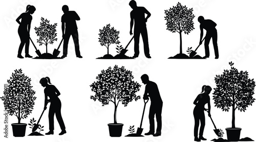 People Planting Trees Silhouette Set Showing Gardening, Environmental Conservation, Landscaping Work and Sustainable Nature Care Activities Isolated on White Background