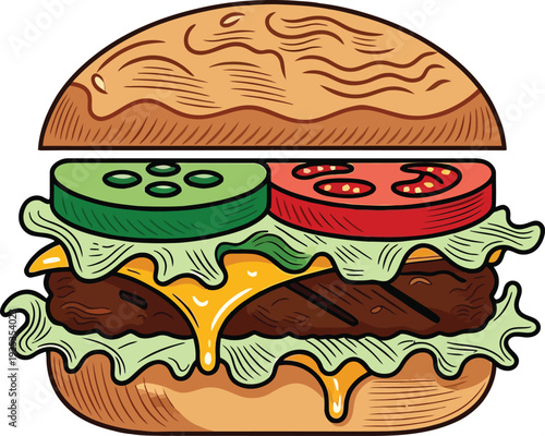 A cartoon hamburger with cheese lettuce tomato and pickles on a bun