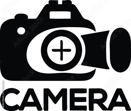 Black and white camera icon with lens and flash photography equipment symbol