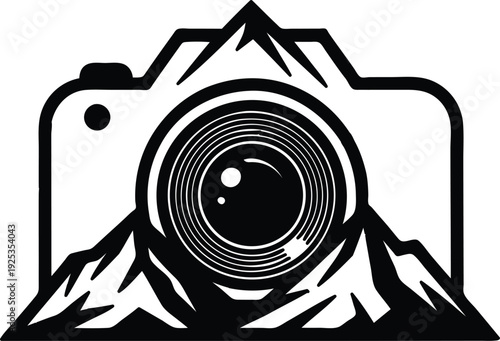 Black and white illustration of camera with mountain landscape photography concept
