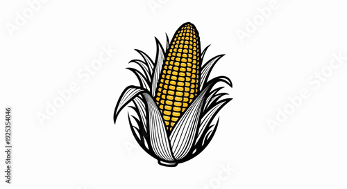 An illustration of a ripe corn cob with golden kernels and green husks