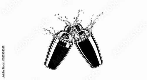 Two cocktail shakers clinking, with splashes and droplets of liquid