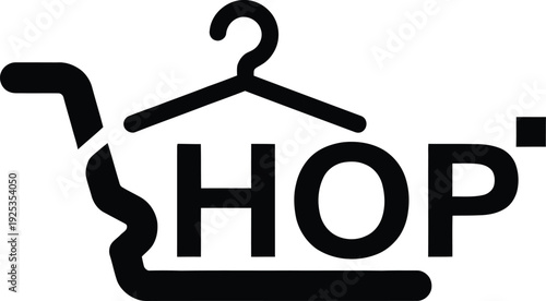 Black hanger symbol with shopping bag and hop text on transparent background for retail or fashion concept