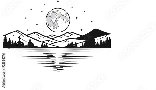 Black and white illustration of a full moon over mountains reflecting in water
