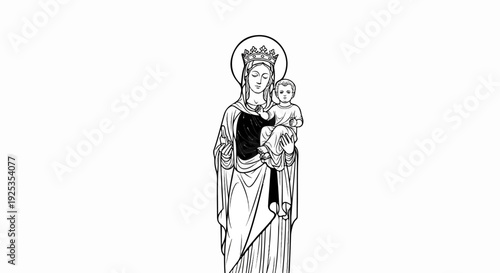 Saintly figure of a crowned mother holding a haloed infant in her arms