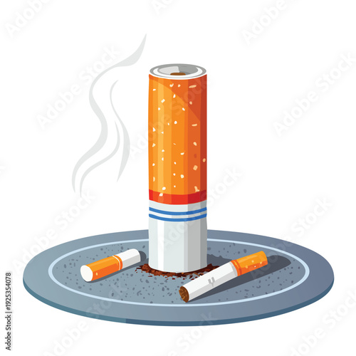 Cigarette butt with ashes on an ashtray against white background