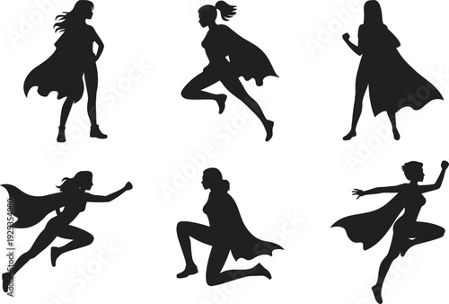 Six black silhouettes of women in various superhero poses superheroes capes