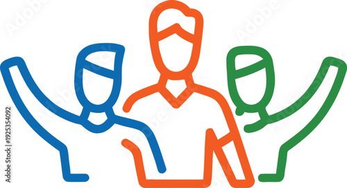 Colorful outline illustration of three people wearing face masks and raising hands in teamwork