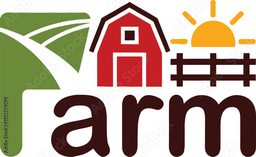Farm logo with barn fence sun and field graphic illustration