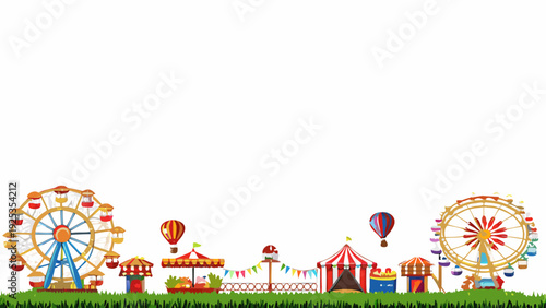 Colorful carnival scene with amusement rides and festive decorations under a bright sky