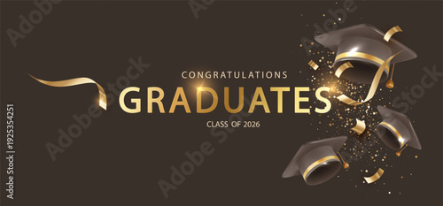 Luxury graduation ceremony background with a golden academic cap rendered in elegant 3D style. Premium banner design for university and school graduation celebrations