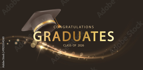 Academic achievement celebration with mortarboard, and golden confetti. Perfect for university graduation invitations, educational posters, or student success graphics