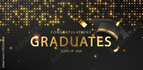 Modern graduation ceremony banner featuring a golden academic cap in luxury 3D style. Elegant education background for congratulation messages and graduation events.