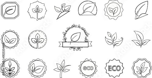 Collection of stylized leaf and eco emblem designs, rendered in sketch style