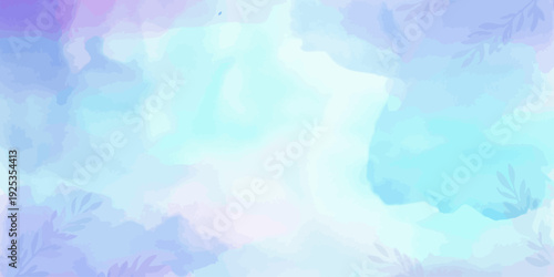 Dreamy pastel watercolor background with leaf silhouettes and soft blue purple tones