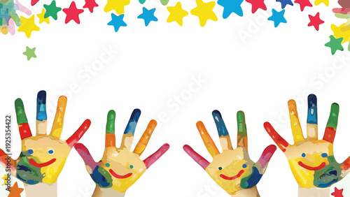 Children's hands reaching together under colorful balloons and stars background