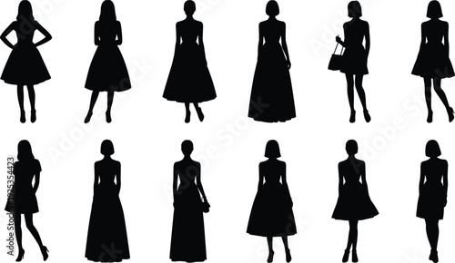 Collection of elegant woman silhouettes in stylish dresses isolated on white background, female fashion model poses set, glamour vector illustration