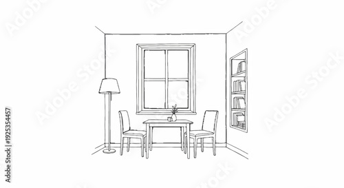 Cozy room with window, table, chairs, lamp, and bookshelf