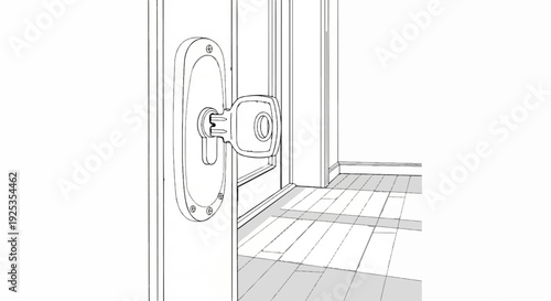 Sketch of a door partially open, revealing a keyhole and a hallway