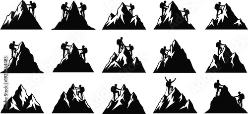 Mountain climber silhouette collection hiking and reaching summit peak isolated on white background adventure vector illustration set
