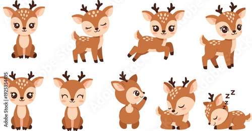 Cute Baby Deer Cartoon Character Vector Collection Kawaii Fawn in Different Poses Jumping Sitting Sleeping for Kids Nursery Design.