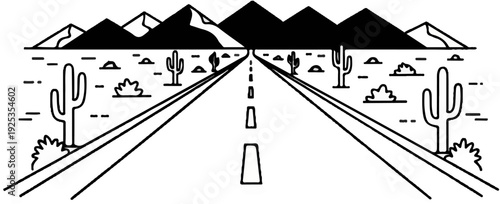 Desert highway stretches towards distant mountains under a vast sky