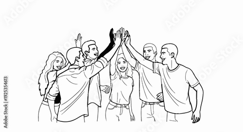 A diverse group of friends enthusiastically gives each other a high five