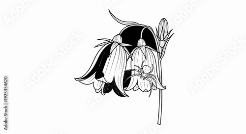 Detailed black and white illustration of bell-shaped flowers with a spider