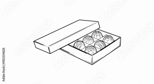 Line drawing of an open box containing six assorted chocolates