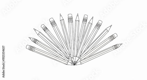 Drawing tool collection arranged in a fan shape against a white background