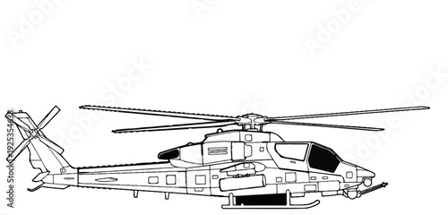 Detailed line drawing of a military attack helicopter with rotors and tail