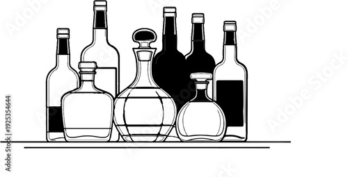 Line drawing of assorted bottles and decanters arranged on a shelf