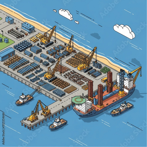 Isometric illustration of a busy industrial seaport with cargo ships and cranes.