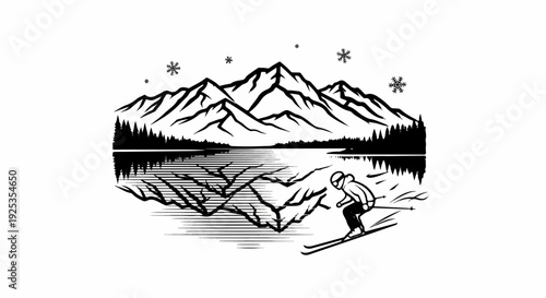 A lone skier descends a snowy mountain lake reflection