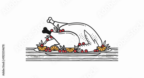 A minimalist line drawing of a whole roasted poultry dish with garnishes