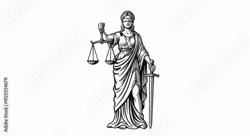 A monochrome graphic of Lady Justice holding scales and a sword