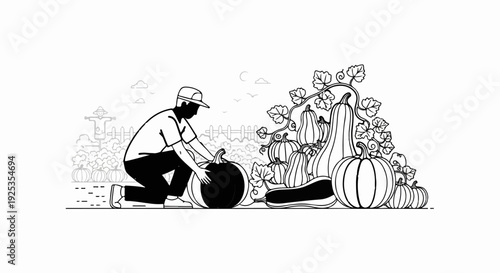 Farmer harvesting pumpkins amidst a bountiful autumn garden harvest