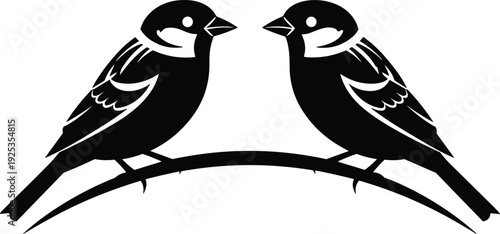 Two bird silhouettes perched on branch symmetrical wildlife vector illustration isolated on white background decorative design