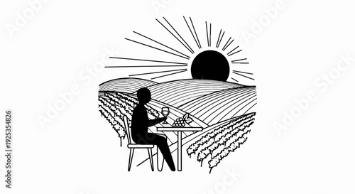 Silhouette enjoys wine and grapes at a table overlooking sunlit vineyards