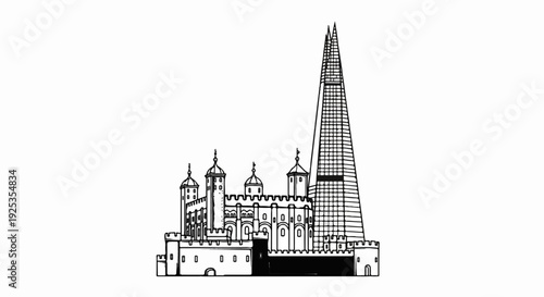 Iconic historic castle with modern skyscraper in illustrative line drawing style