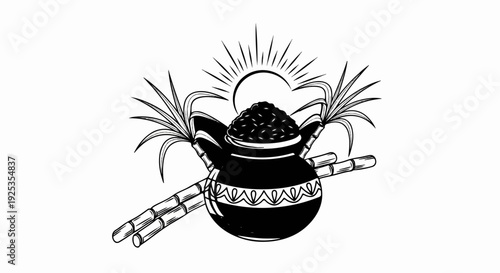 Harvest festival depiction with a sun, pot of grain, and sugarcane