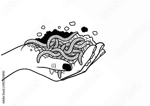 Handful of wriggling earthworms and soil in black and white illustration