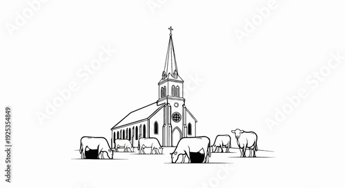 Black and white illustration of a church with cows grazing outside