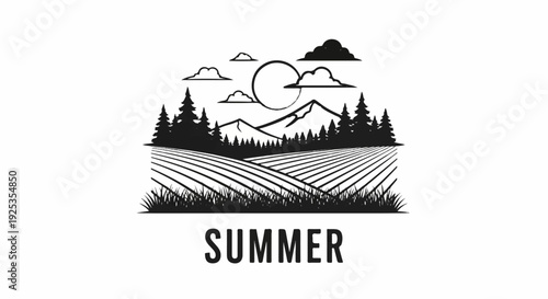 Silhouette of a summer landscape with fields, trees, mountains, and sun