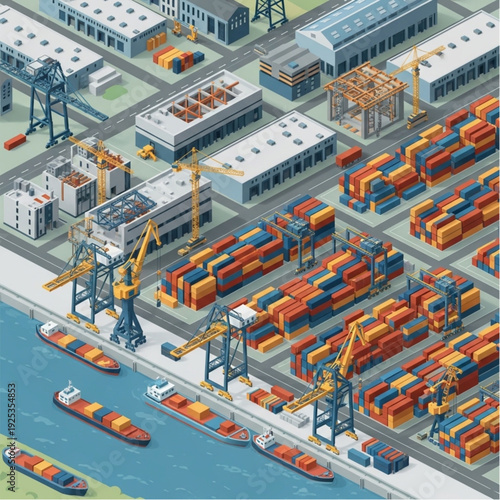 Busy Container Shipping Port with Cranes and Cargo Ships.